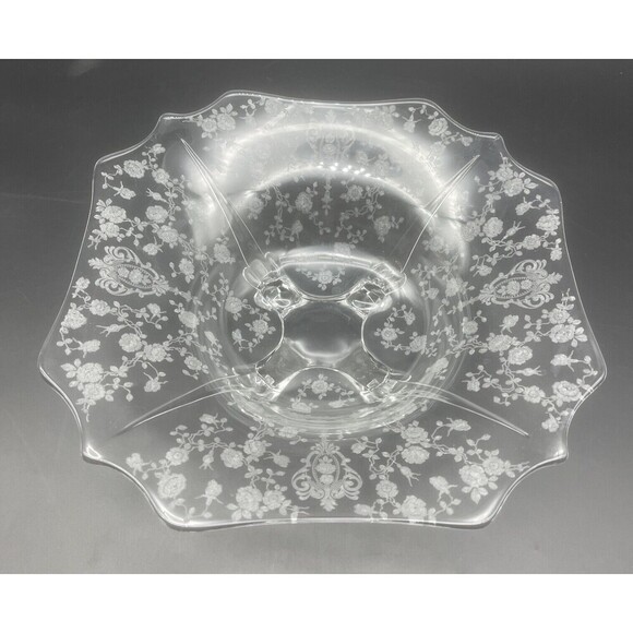 VTG Cambridge Rose Point Floral Clear Glass Footed Square Pedestal Bowl 11.5” - Picture 2 of 7